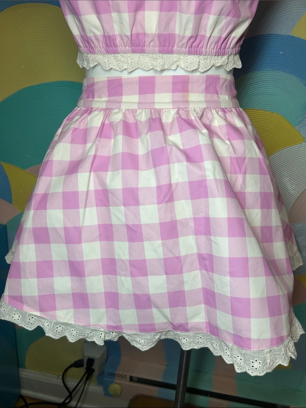 Sugar Thrillz Pink and White Gingham Crop Top & Skirt Set Sz S